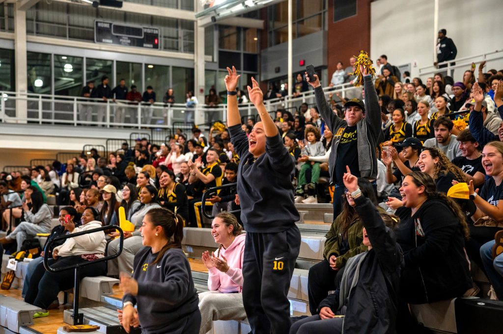 Adelphi crowd cheering to their feet during a basketball game.