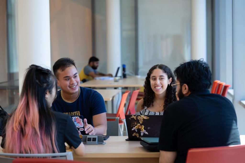 A group of Adelphi students talking together on campus.