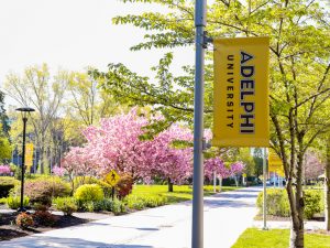 A scenic photo of the Adelphi campus, with a bright gold banner that says Adelphi University, and pink blossoms on cherry trees