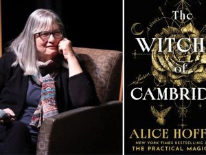 Hoffman onstage, sitting in a chair in conversation, next to a photo of her latest book.