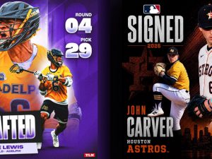 A collage of two images, one an illustration of Kyle Lewis in his lacrosse uniform with the headline “Drafted, Round 4, Pick 29, Kyle Lewis, Midfield, Adelphi,” the other of an illustration of John Carver in an Astros uniform with the headline “Signed, John Carver, Houston Astros”