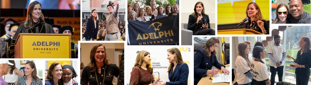 Collage of President Riordan at Adelphi engaging with students and alumni.