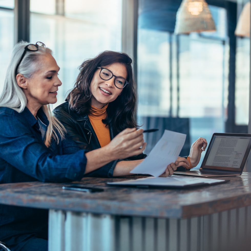 Two women collaborating together in a professional setting.