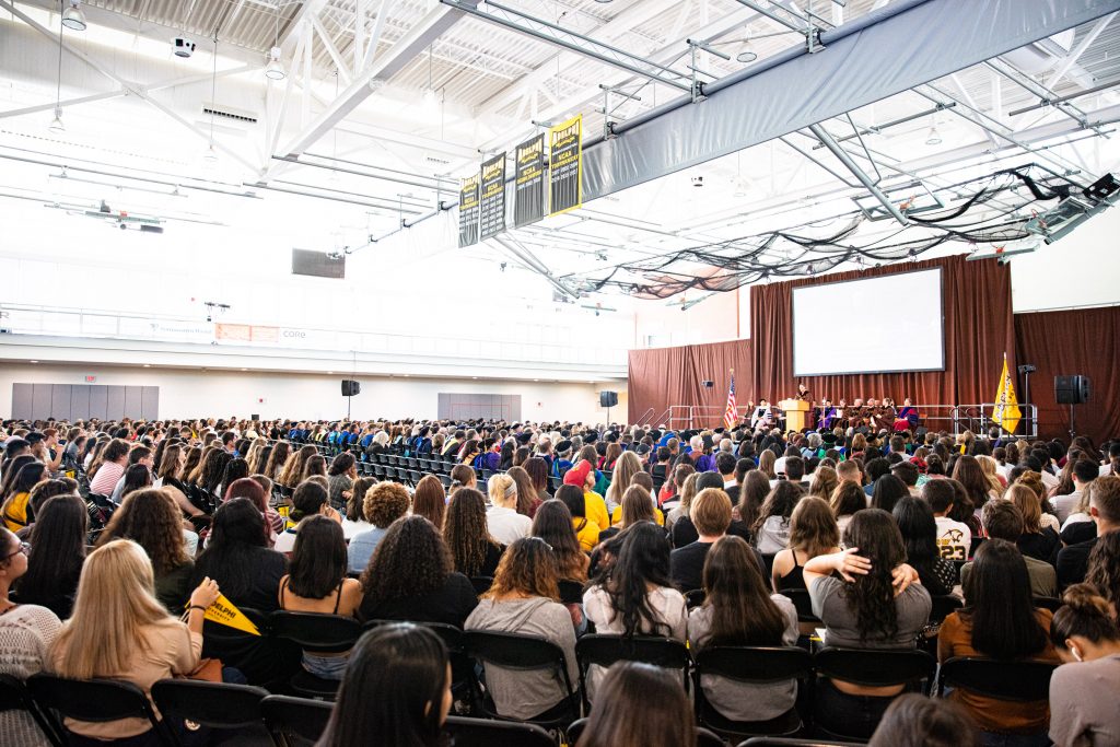 Adelphi University Matriculation Ceremony, showing the crowd of students, faculty and distinguished University leaders.