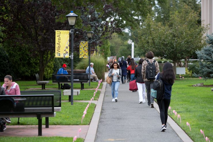Students walking on campus.