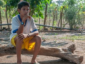 A lonely young boy wearing shorts, a loose t-shirt and flip-flops, sits on a log in a Central American landscape.