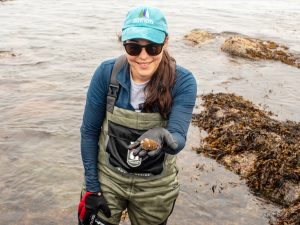 Woman wearing protective coveralls stands in the water. She is holding a starfish in her hand.