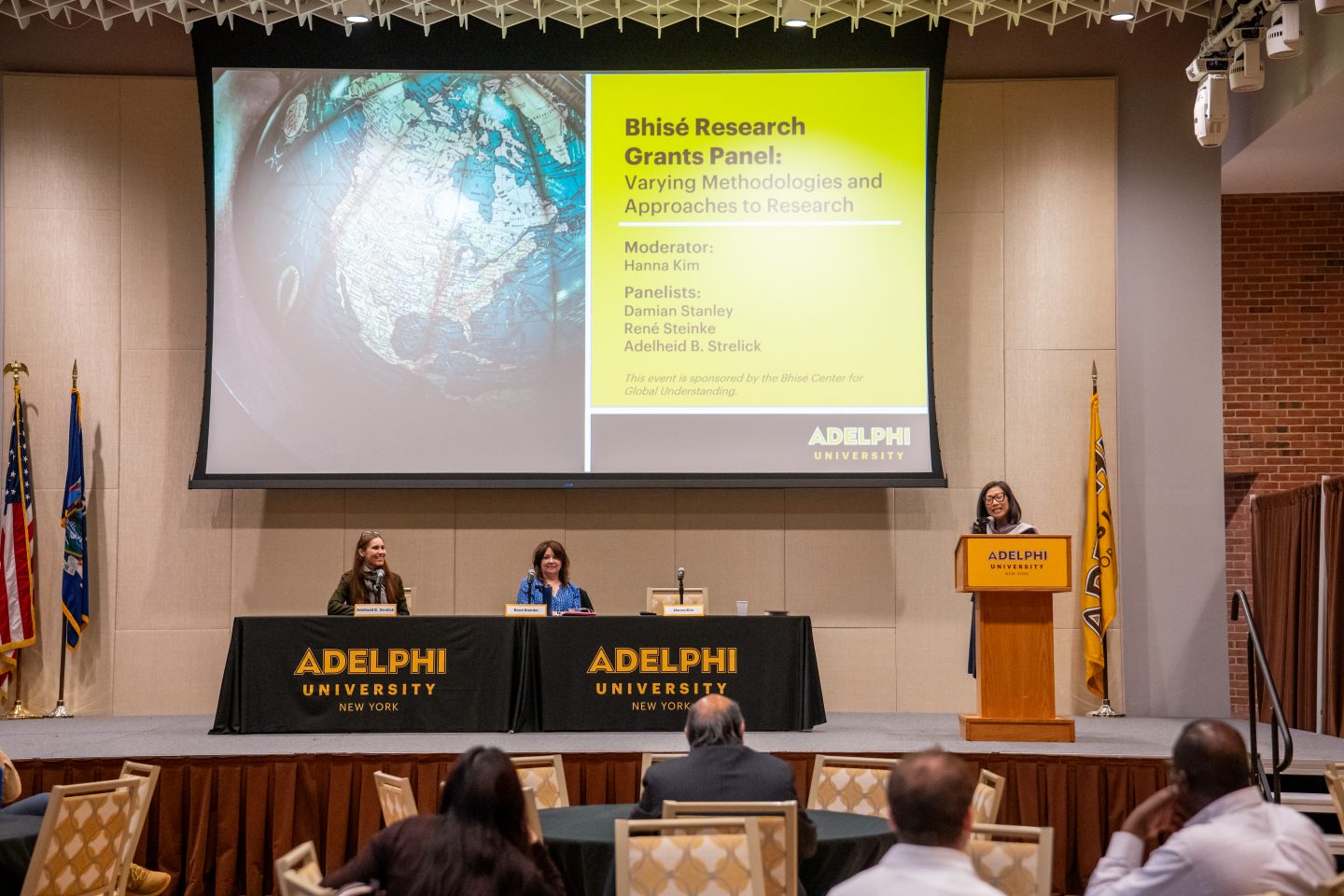 Professor Hanna Kim, PhD, Chair Anthropology, shared information on the Bhisé Research Grants alongside panelists Adelheid B. Strelick, associate professor of dance, and Rene Steinke, professor and director of the MFA Program in creative writing.