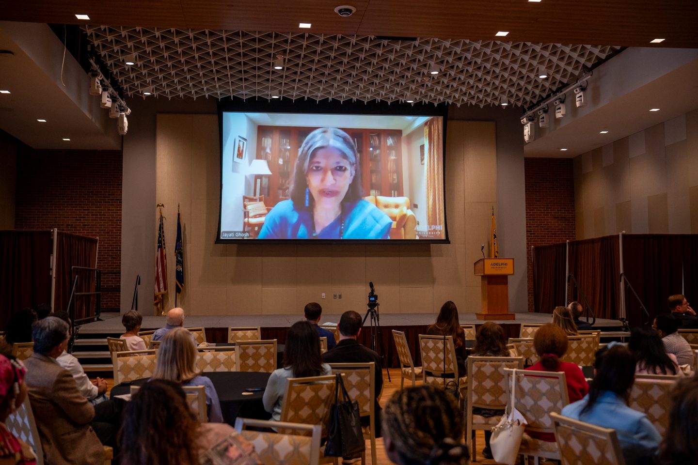 Development economist Dr. Jayati Ghosh delivers the Conference’s keynote address, streamed live on the ballroom’s large screen.