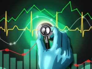 Gloved hand holding a stethoscope over a background of various colorful data graphs, including heart rate lines and bar charts