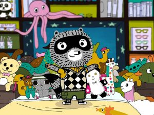 Colorful cartoon scene of a raccoon character in a sweater vest standing on a bed surrounded by various stuffed animals with bookshelves and toys in the background