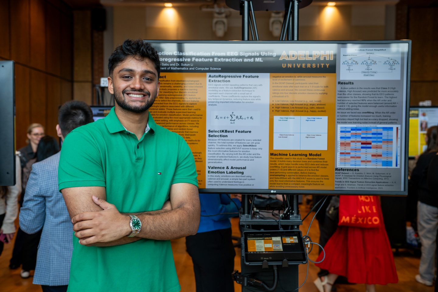 A smiling male student in a bright green polo shirt stands with arms crossed in front of a research poster at Adelphi University. The poster displays his research on "Emotion Classification From EEG Signals Using Progressive Feature Extraction and ML," featuring sections on AutoRegressive Feature Extraction, SelectKBest Feature Selection, Valence & Arousal Emotion Labeling, Machine Learning Model, Results, and References. Other attendees can be seen in the background of the research symposium venue.