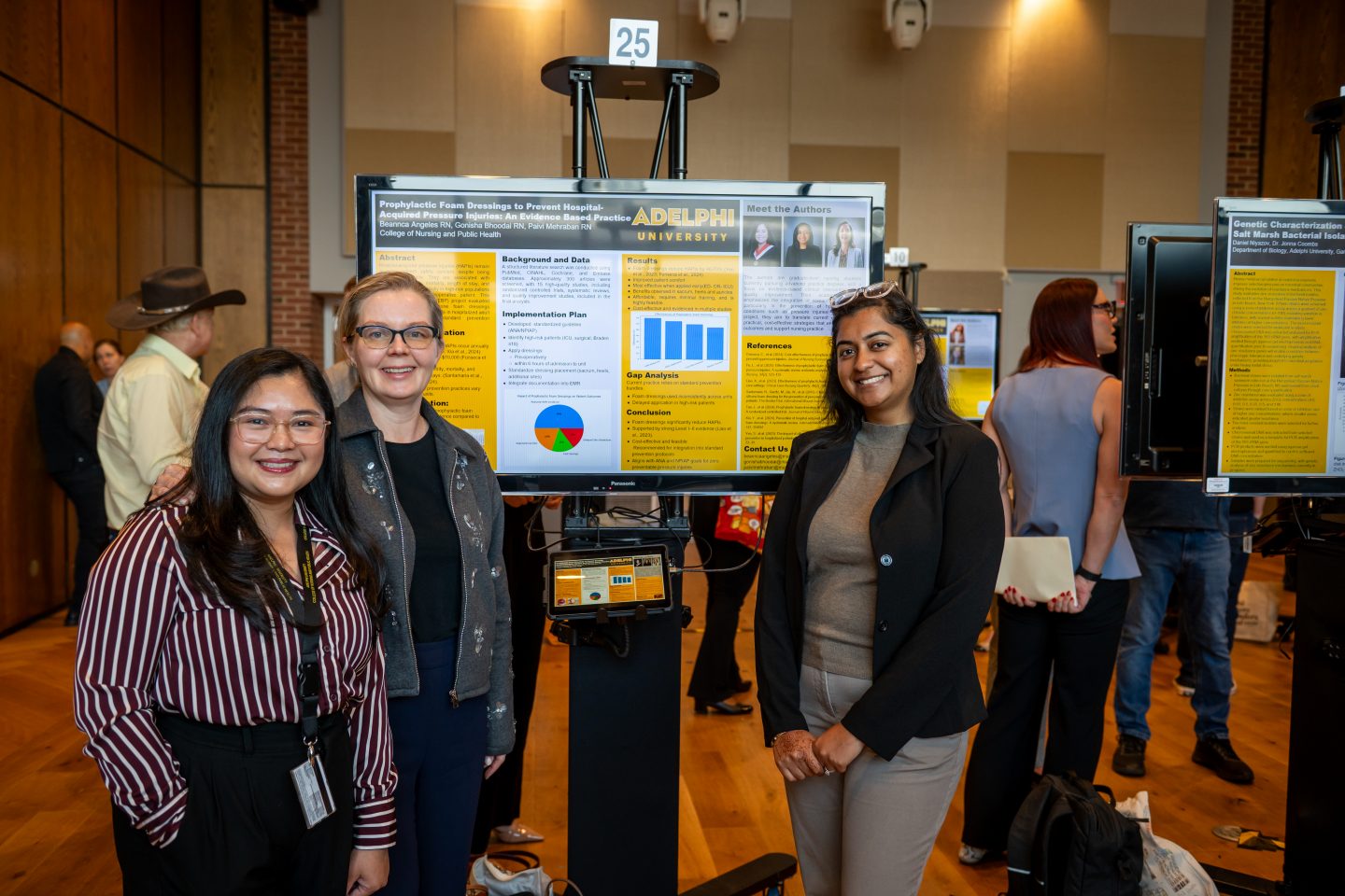 Three female students smile in front of a research poster display at Adelphi University on nursing research about "Prophylactic Foam Dressings to Prevent Hospital-Acquired Pressure Injuries as Evidence-Based Practice." The poster includes sections for Abstract, Background and Data, Implementation Plan, Results with bar charts and pie charts, Gap Analysis, and References, along with a "Meet the Authors" panel. Other attendees view additional research posters in the background of the brick-walled venue.