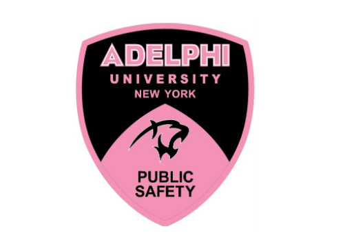 The Adelphi Public Safety shield logo in pink for breast cancer awareness.