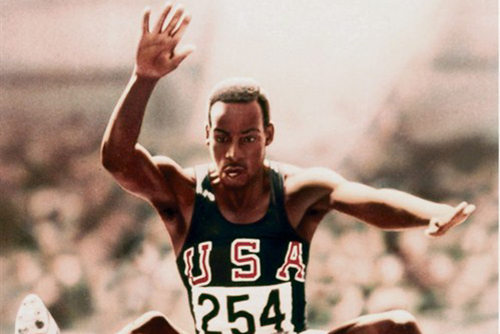 Bob Beamon leaping during the Olympics