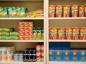 Adelphi Panther Pantry shelves full of nonperishable food.