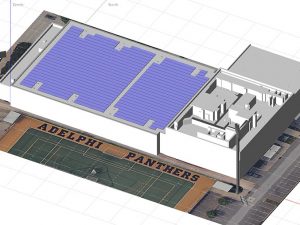 Artist rendering of a solar energy system on roof of a building. On the ground is an athletic field with the words "Adelphi Panthers"