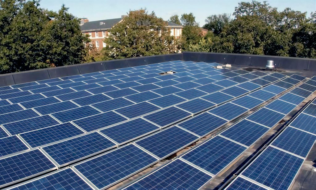 Solar panels on the roof of Swirbul Library at Adelphi University