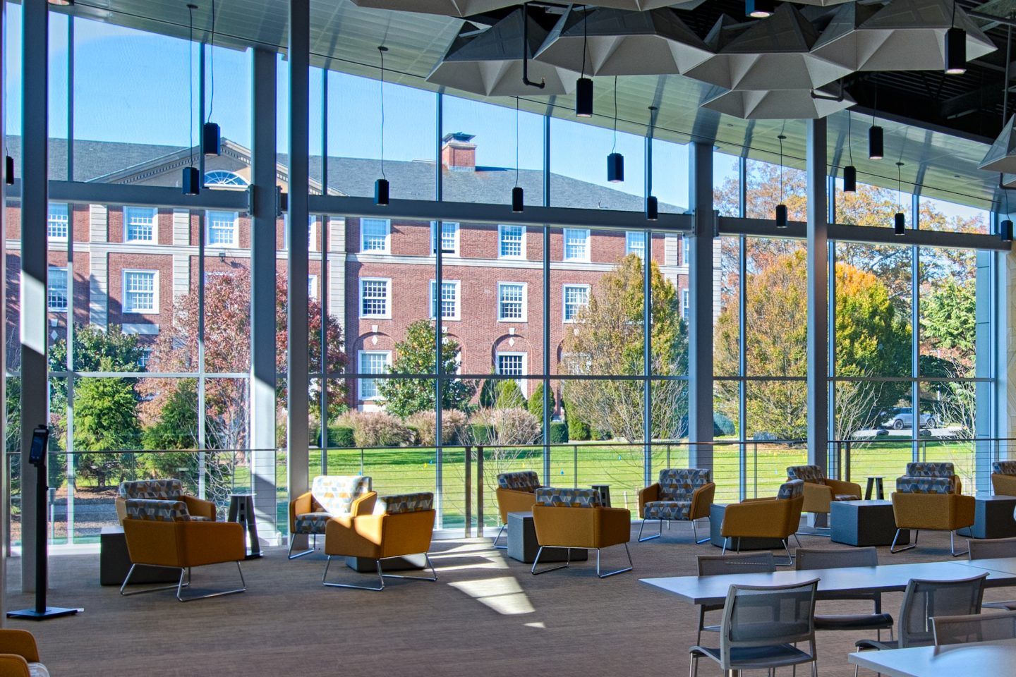 View of the seating near floor-to-ceiling windows in the UC