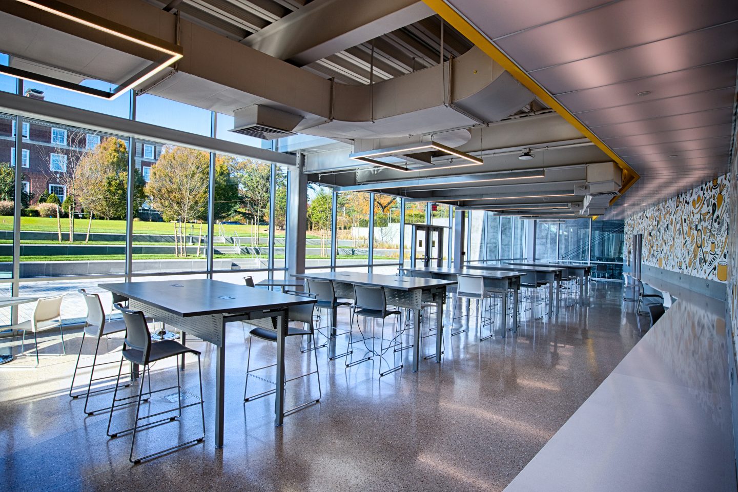 Seating areas in the UC Dining Hall on the Lower Level
