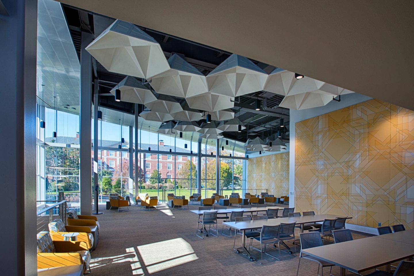 View of the seating near floor-to-ceiling windows in the UC