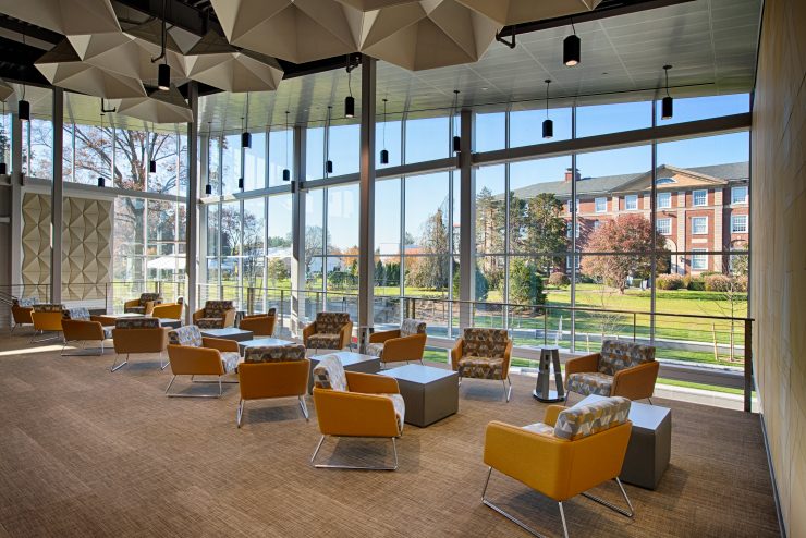 View of the seating near floor-to-ceiling windows in the UC