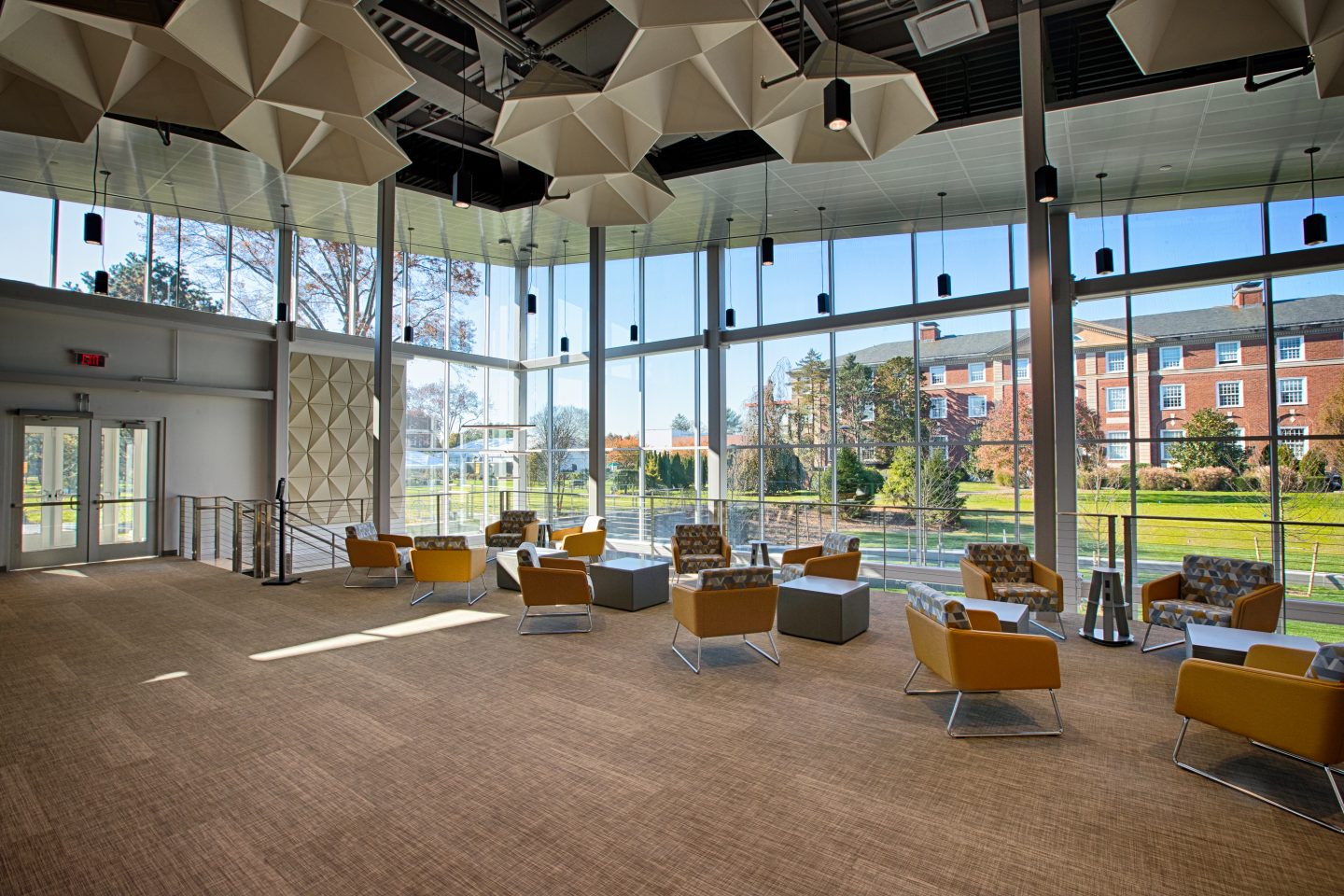 View of the seating near floor-to-ceiling windows in the UC