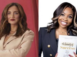 Two separate headshots: on the left, a white woman with straight brown hair and blue eyes, wearing a white shirt with a black pattern; on the right, a Black woman with long braids, silver earrings and a black jacket. Both are smiling.