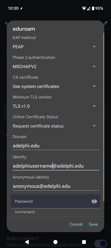 Android configuration to access eduroam at Adelphi University