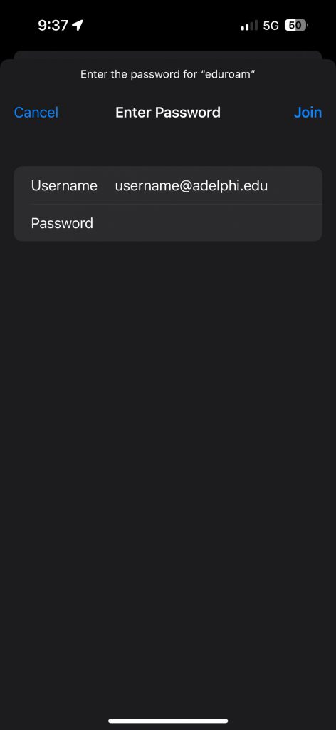 iOS configuration to access eduroam at Adelphi University
