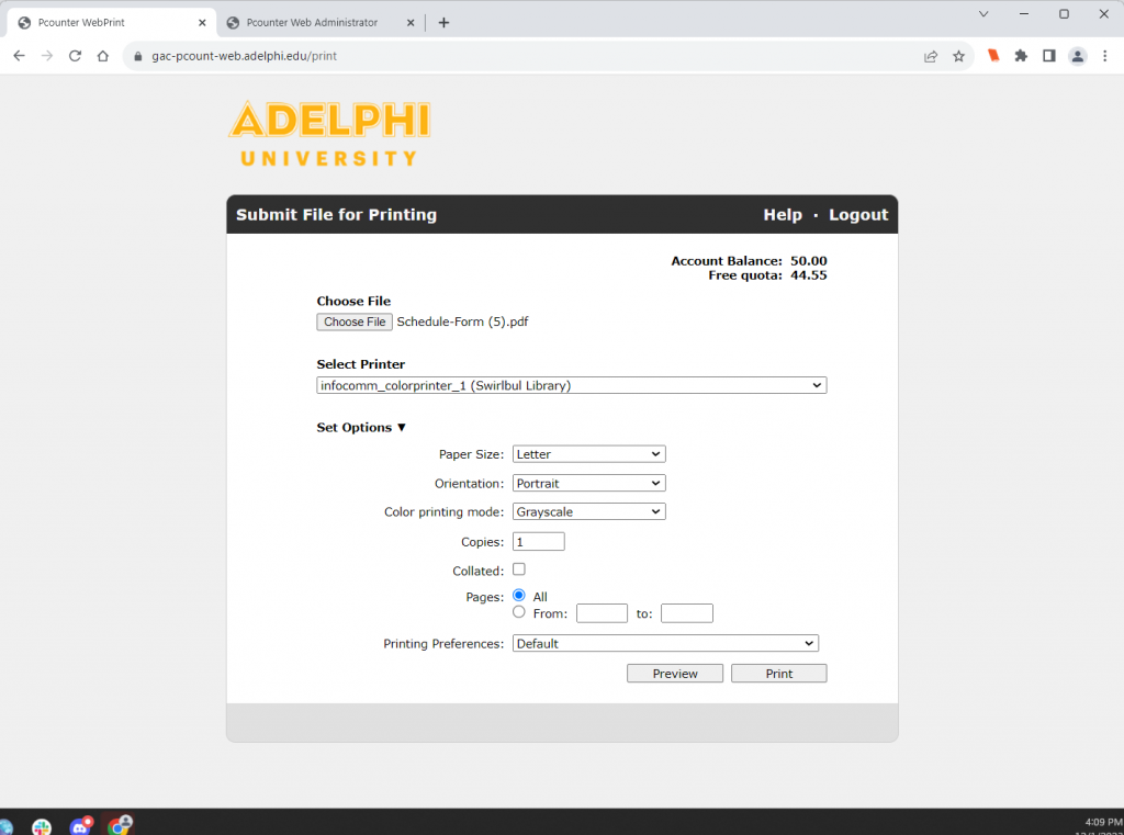 Screenshot of the WebPrint interface, showing document options for printing to campus printers.