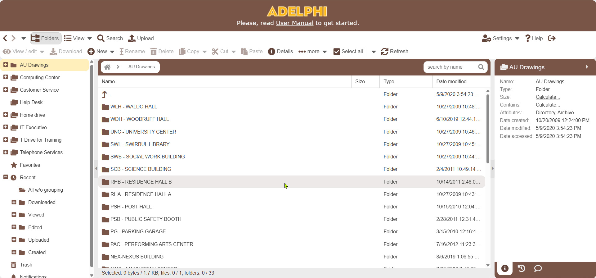 Screenshot of the web storage interface showing folders that are listed within the Adelphi network