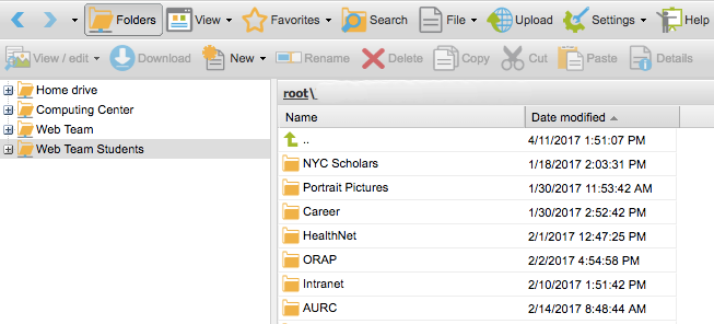 Screen shot of the webstorage interface showing folders that are listed within the Adelphi network
