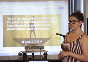 Brett Clark teaches literary techniques using lyrics from Hamilton during the Alice Hoffman Young Writers Retreat