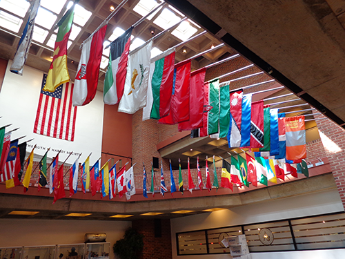 Flags representing the home countries of our international student adorn the University Center lobby.