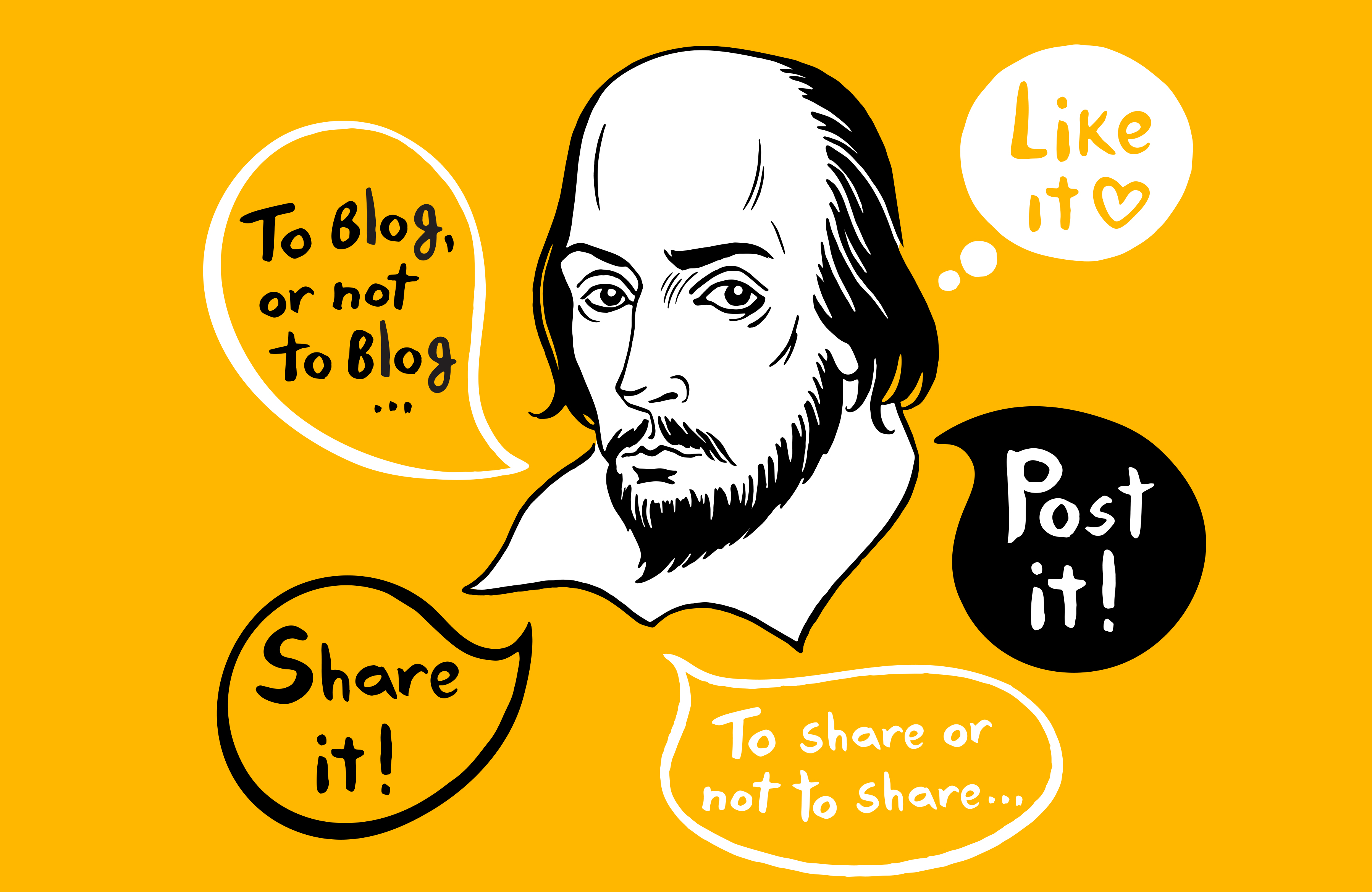 Illustration, Shakespeare portrait with speech bubbles and social media, internet, blogging, web communications quotes.