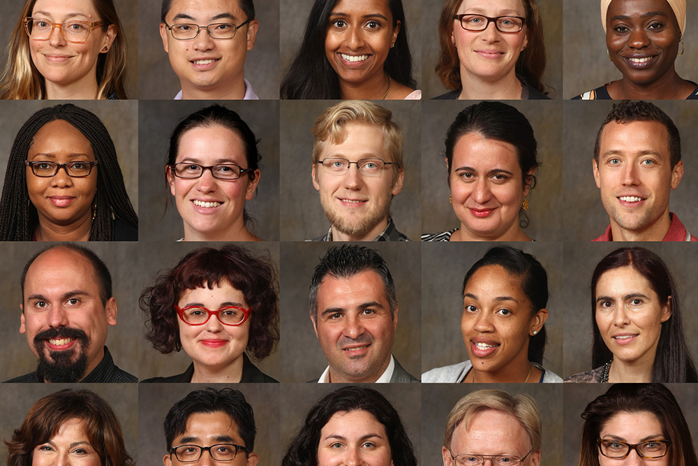 Photo grid showing headshots of Adelphi's newly hired, diverse faculty.