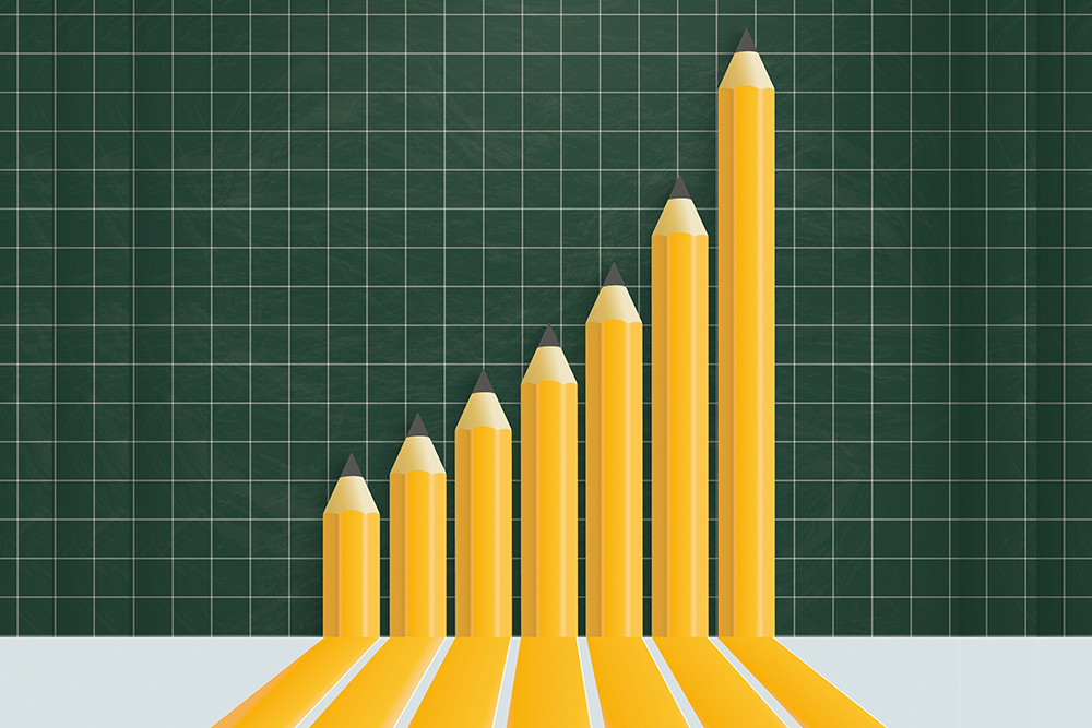 Bar graph implying growth over time, illustrated with pencils.
