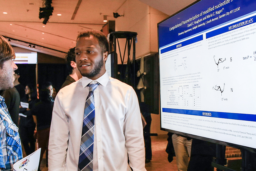 An Adelphi student explains his research project to observers during the 2017 Research Conference.