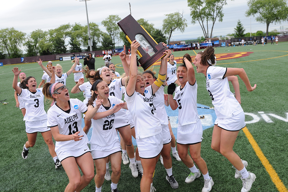 Adelphi Women's Lacrosse team celebrates win of 2017 NCAA National Championship.