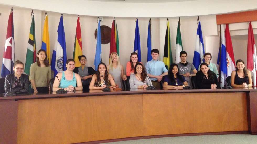 Students of the Levermore Global Scholars program sitting in front of the flags of various countries