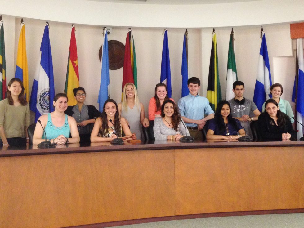 Students of the Levermore Global Scholars program sitting in front of the flags of various countries