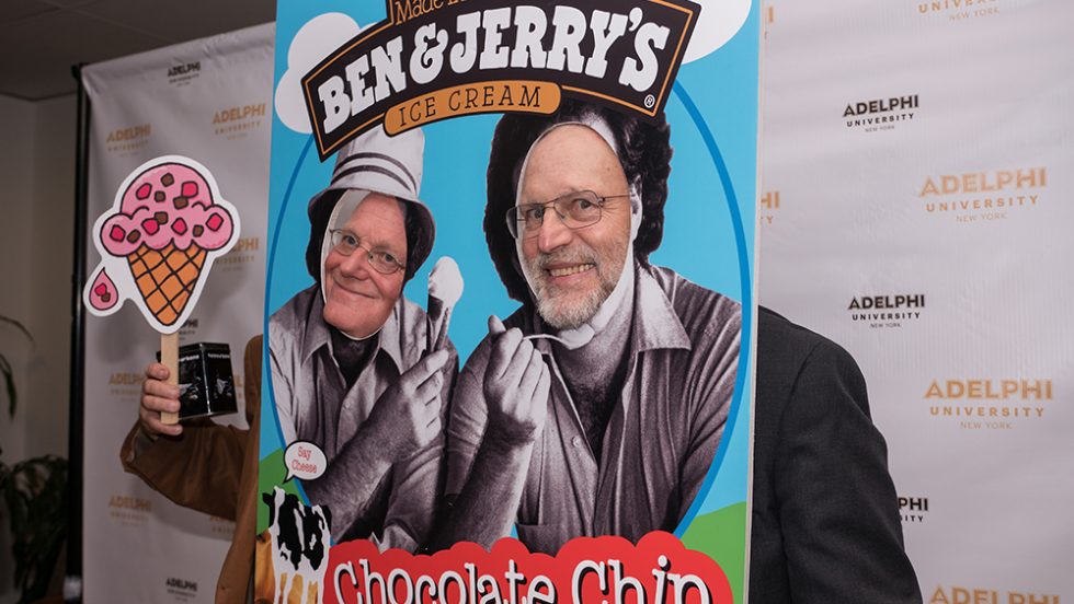 co-founders of ice cream brand Ben & Jerry's posing at an event at Adelphi University