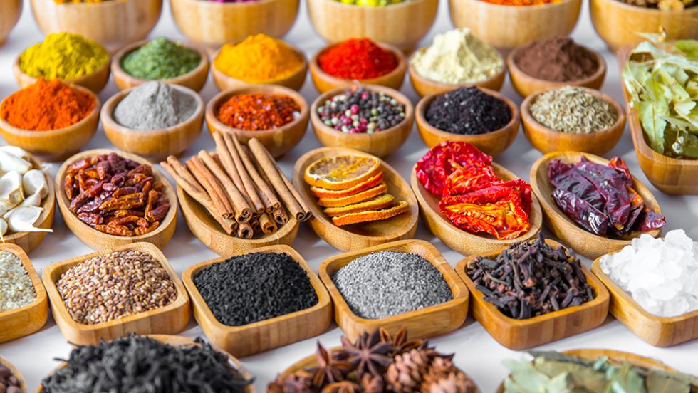 bowls of spices and herbs