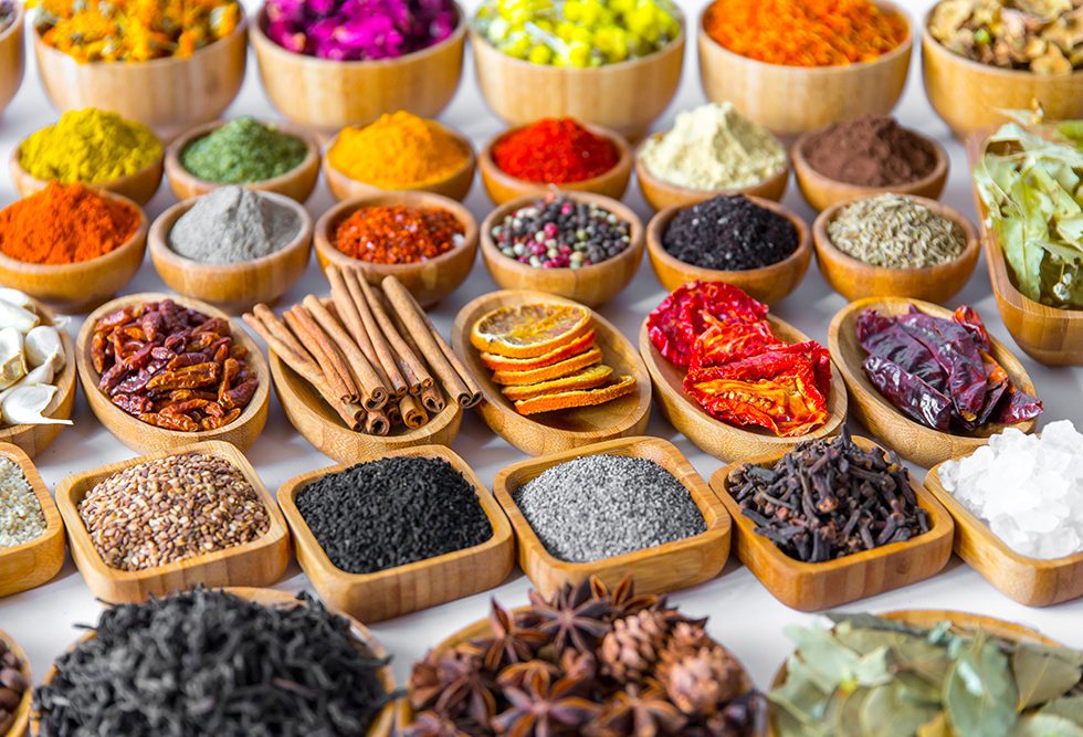 bowls of spices and herbs