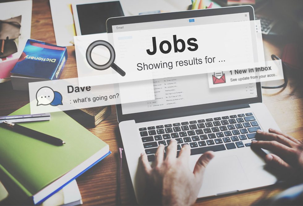 Concept of job searching online - various popups for positions and searches
