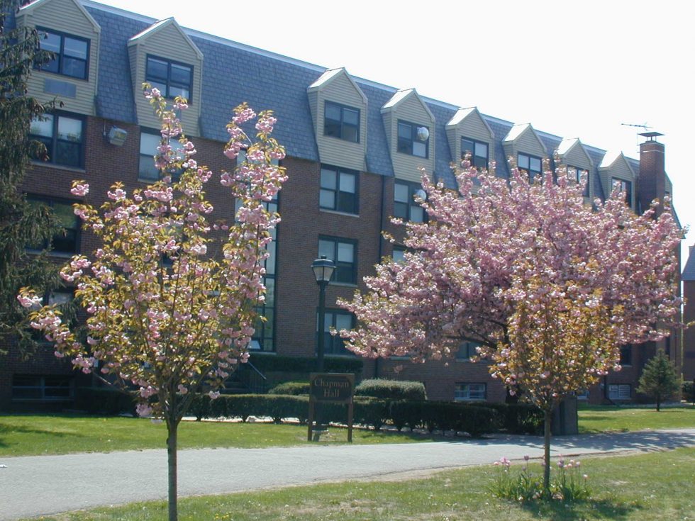 Chapman Hall in the spring with pink flowered trees