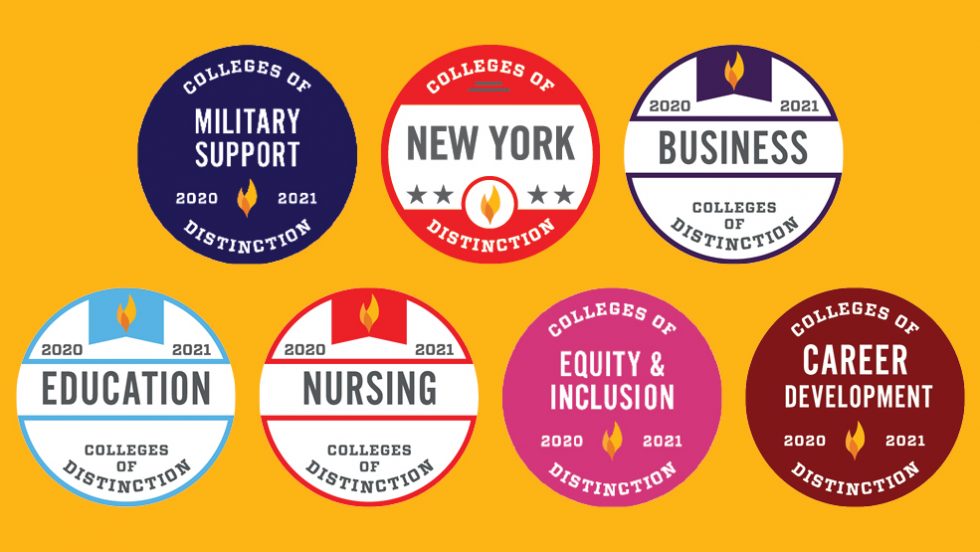 Colleges of Distinction badges for Military Support, New York Regional Distinction, Business, Education, Nursing, Equity & Inclusion and Career Development
