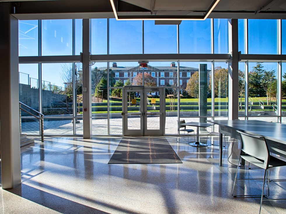 The doors in the UC looking out to Levermore Hall through large windows