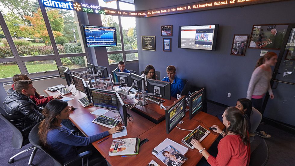 A view inside the James Riley, Jr. Trading Room at Adelphi University as students learn to invest.